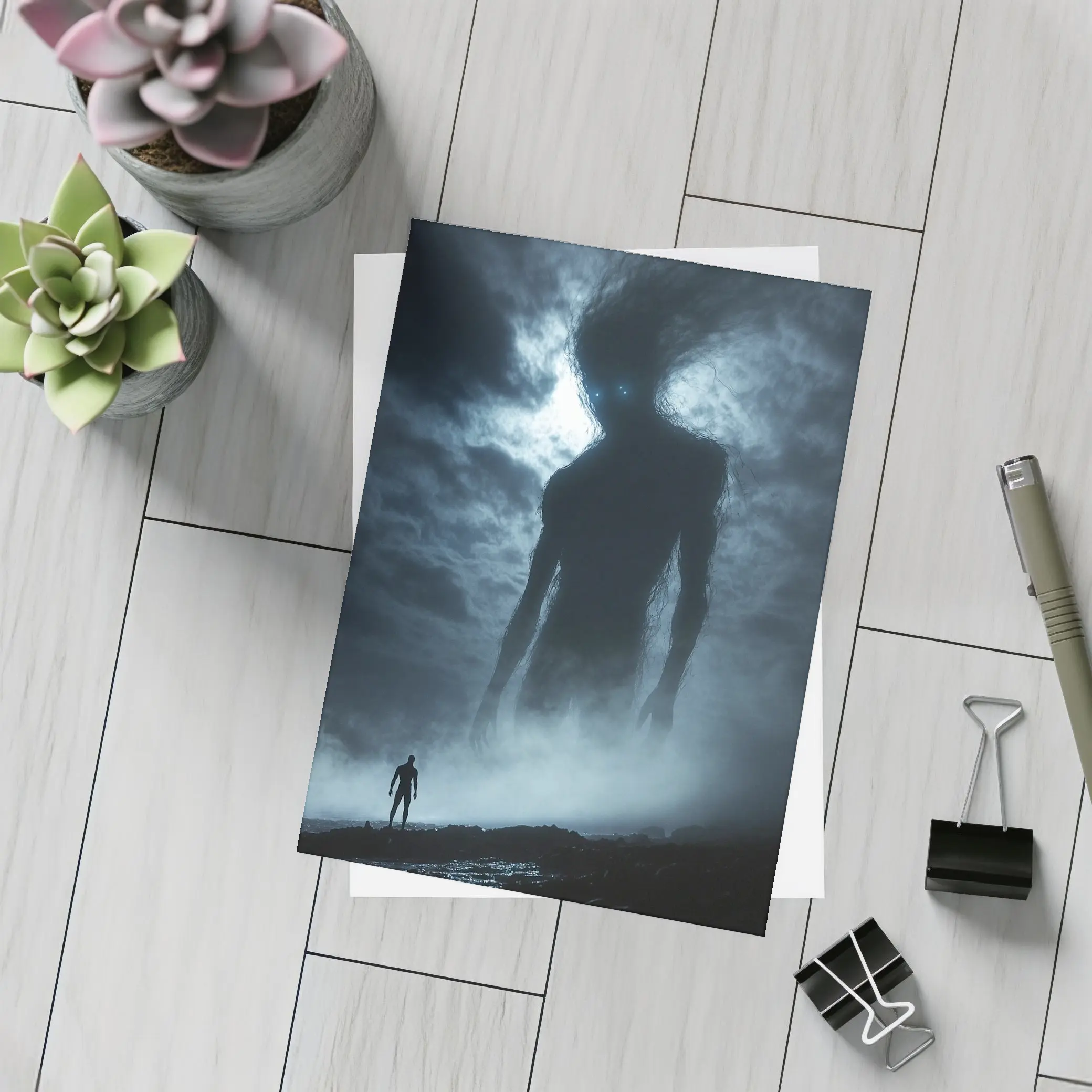 Giant Dark Figure Looming Over Small Man – Postcards