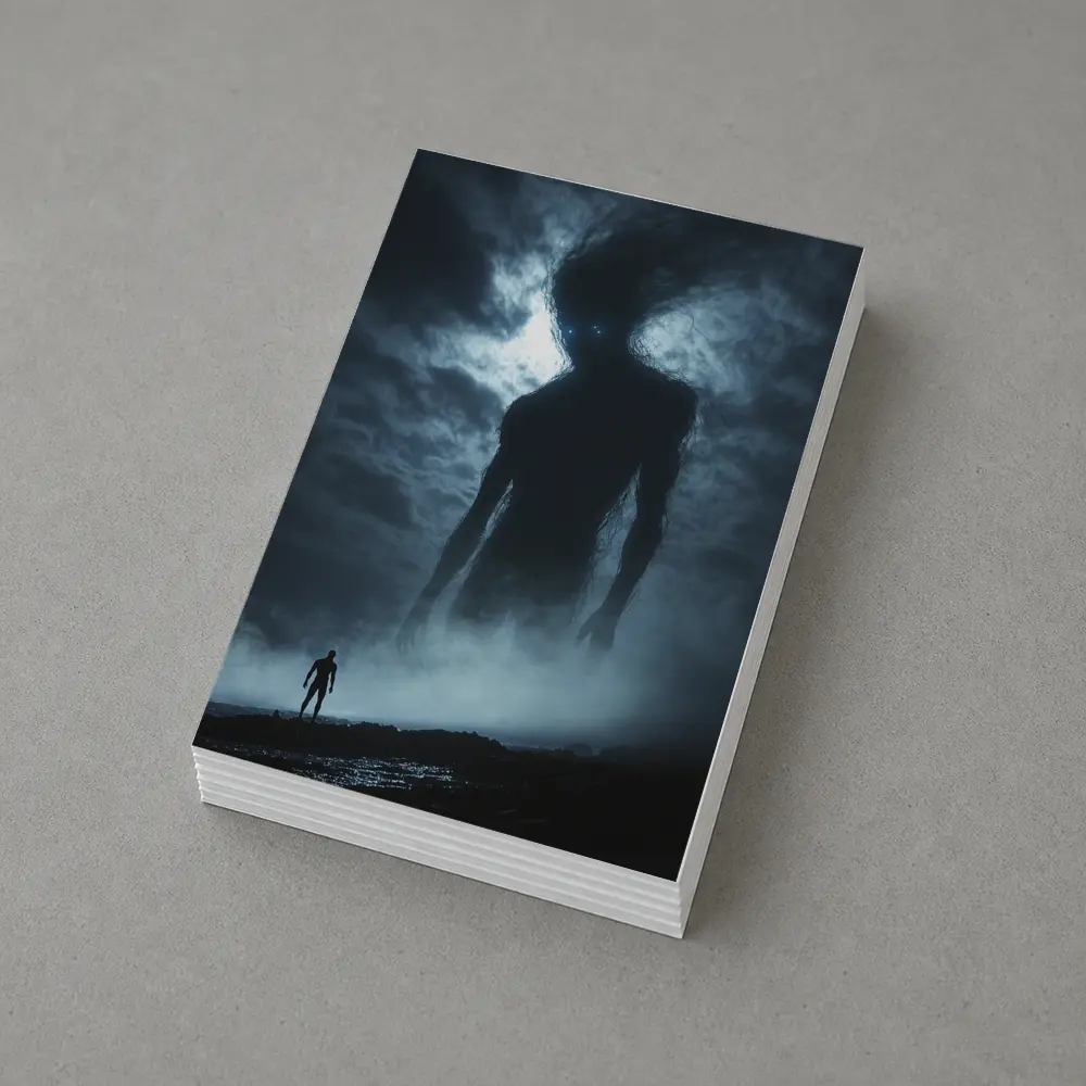 Giant Dark Figure Looming Over Small Man – Postcards