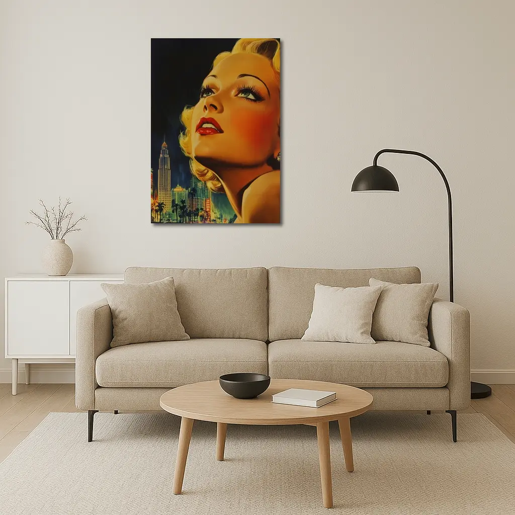 Retro Blonde Woman City Night Illustration – Wall Art