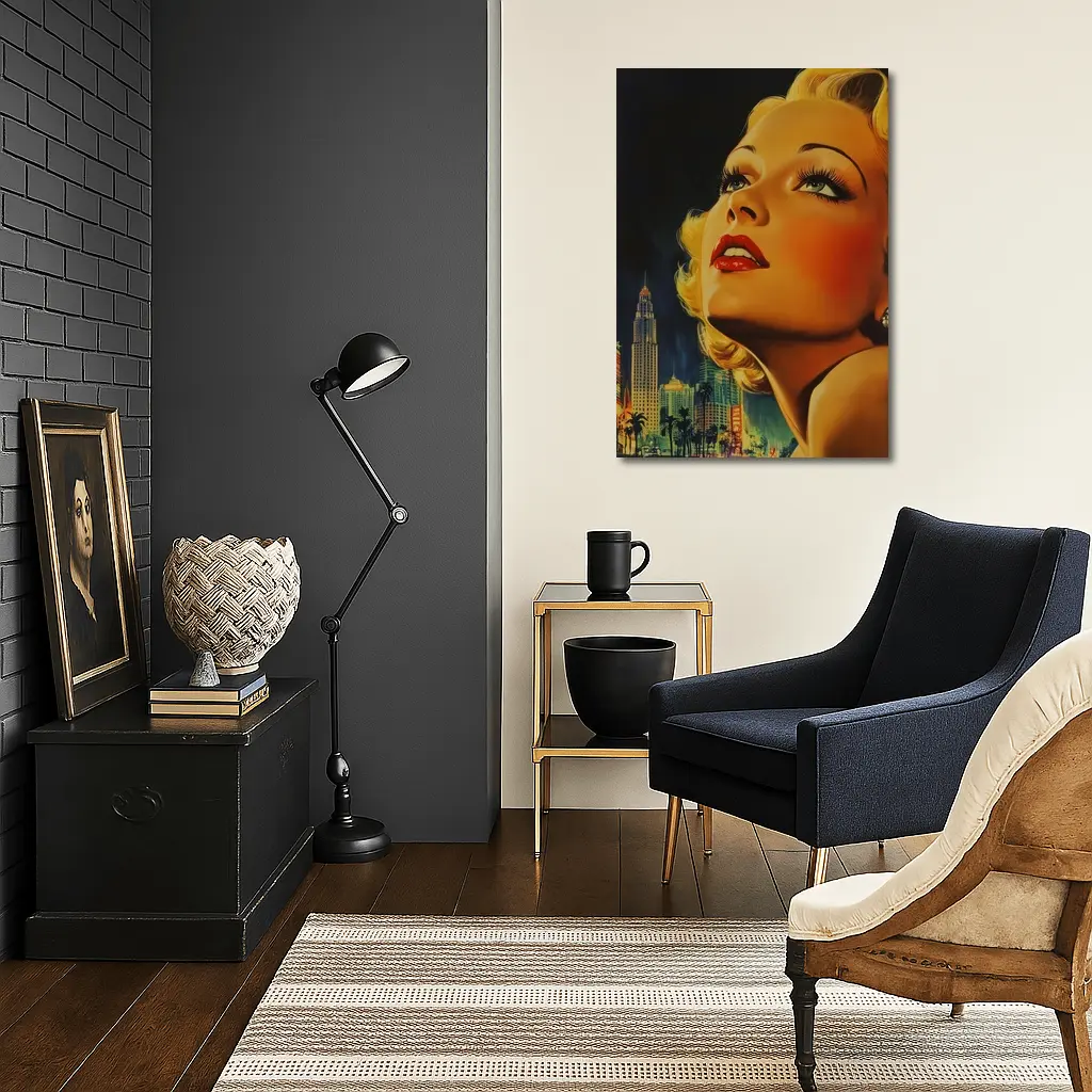 Retro Blonde Woman City Night Illustration – Wall Art