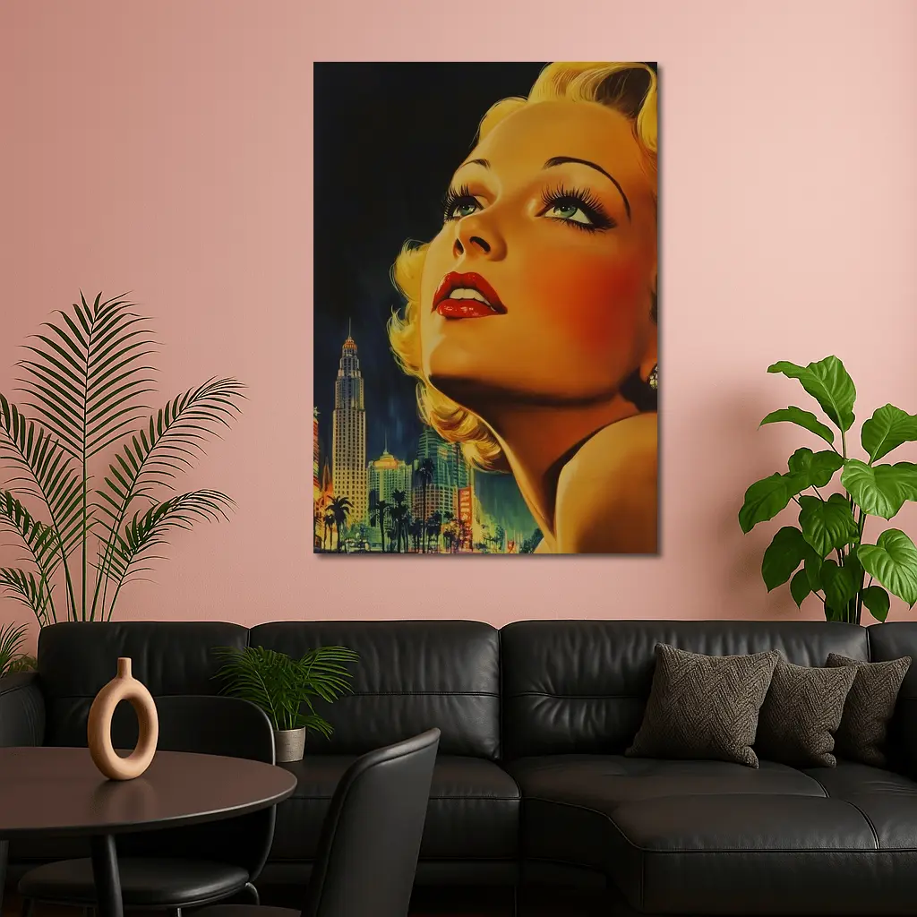 Retro Blonde Woman City Night Illustration – Wall Art