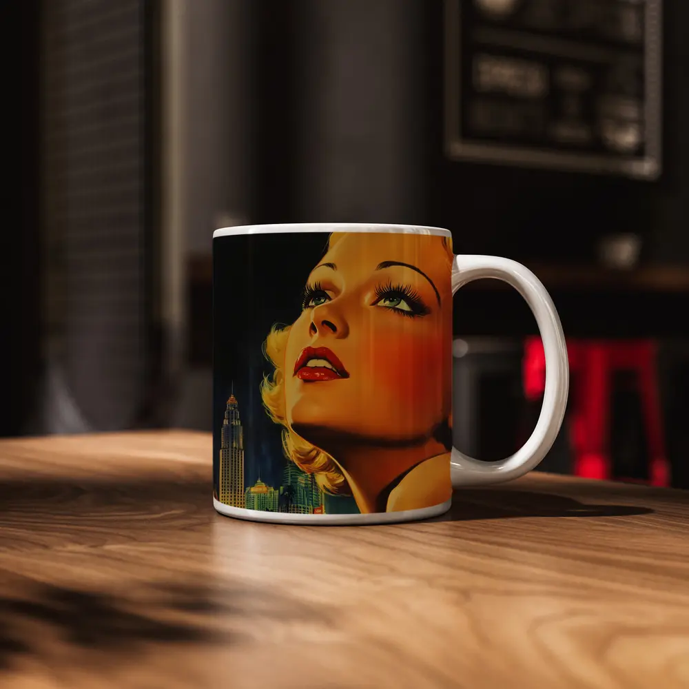 Retro Blonde Woman City Night Illustration – Mugs