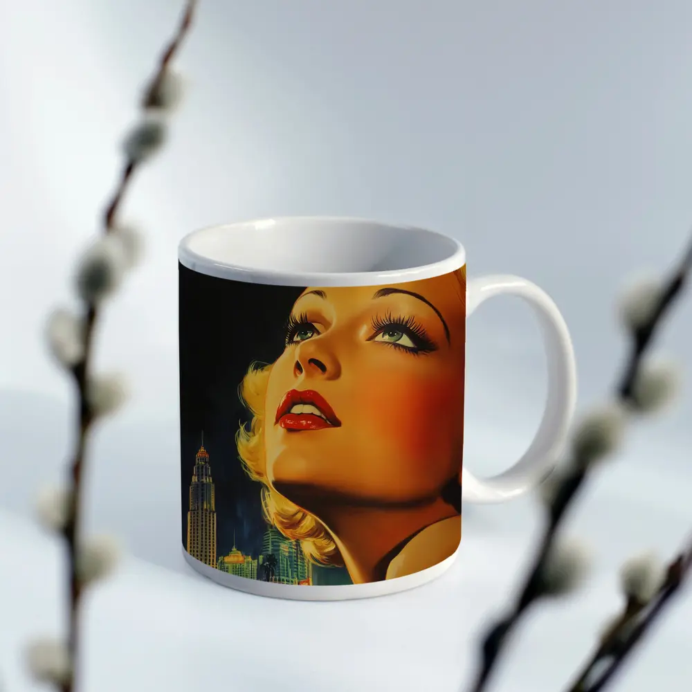 Retro Blonde Woman City Night Illustration – Mugs
