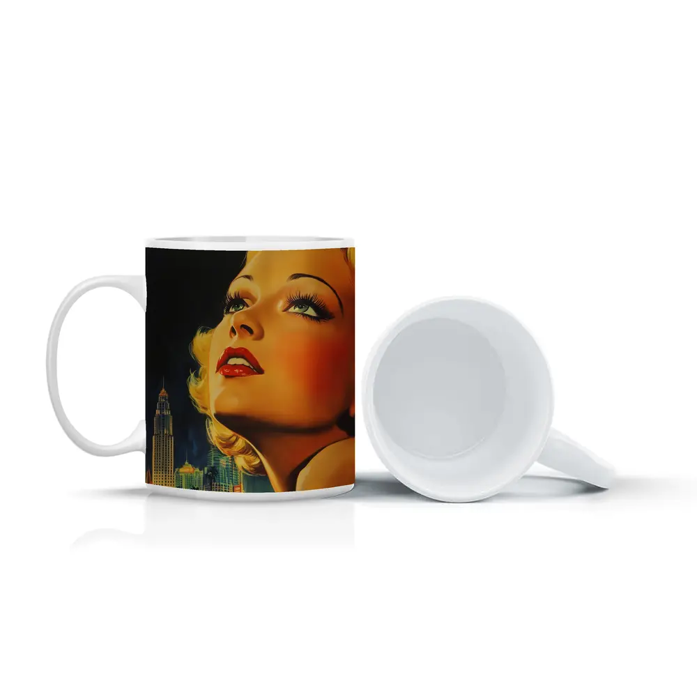 Retro Blonde Woman City Night Illustration – Mugs