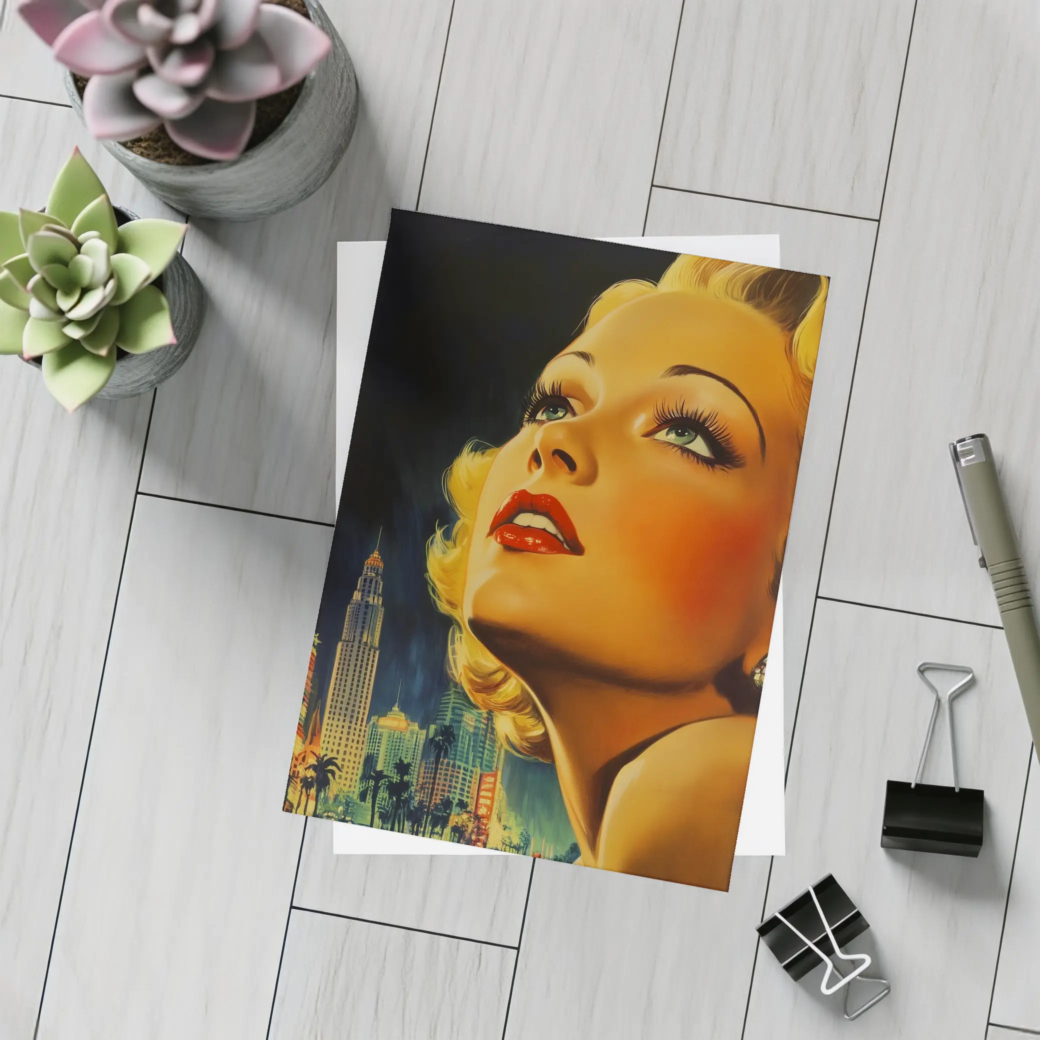 Retro Blonde Woman City Night Illustration – Postcards