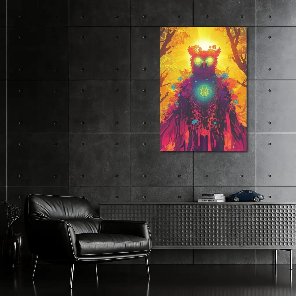Mystical Owl Glowing Eyes Forest Sun – Wall Art