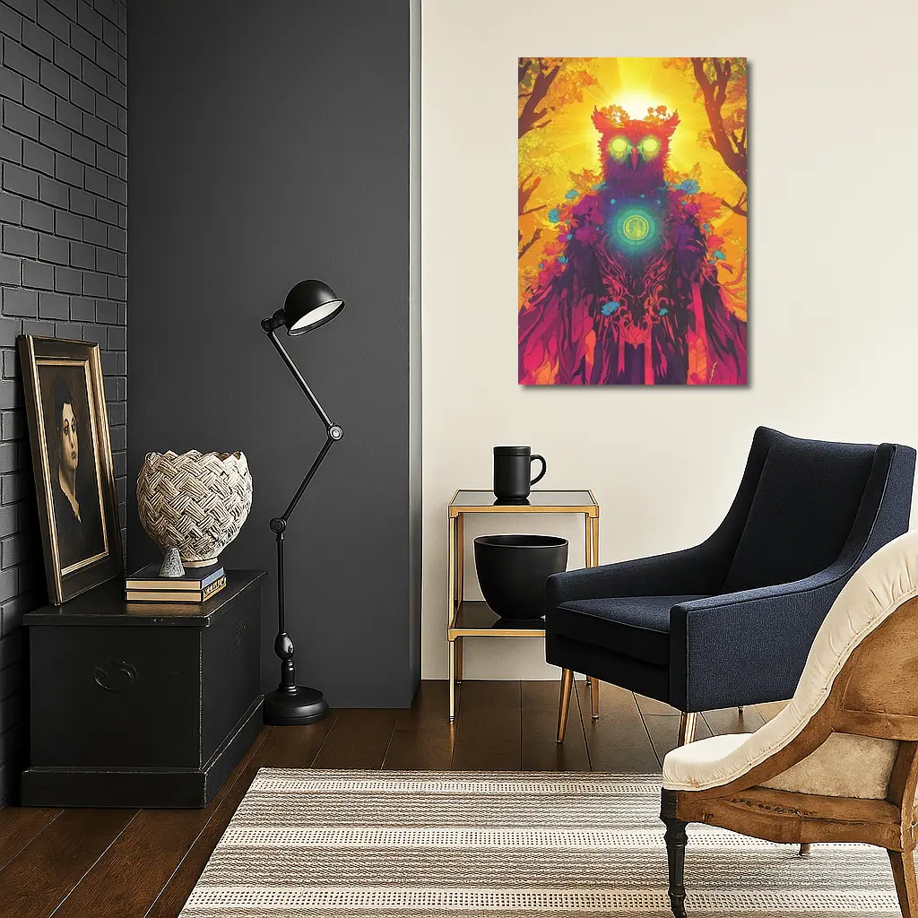 Mystical Owl Glowing Eyes Forest Sun – Wall Art