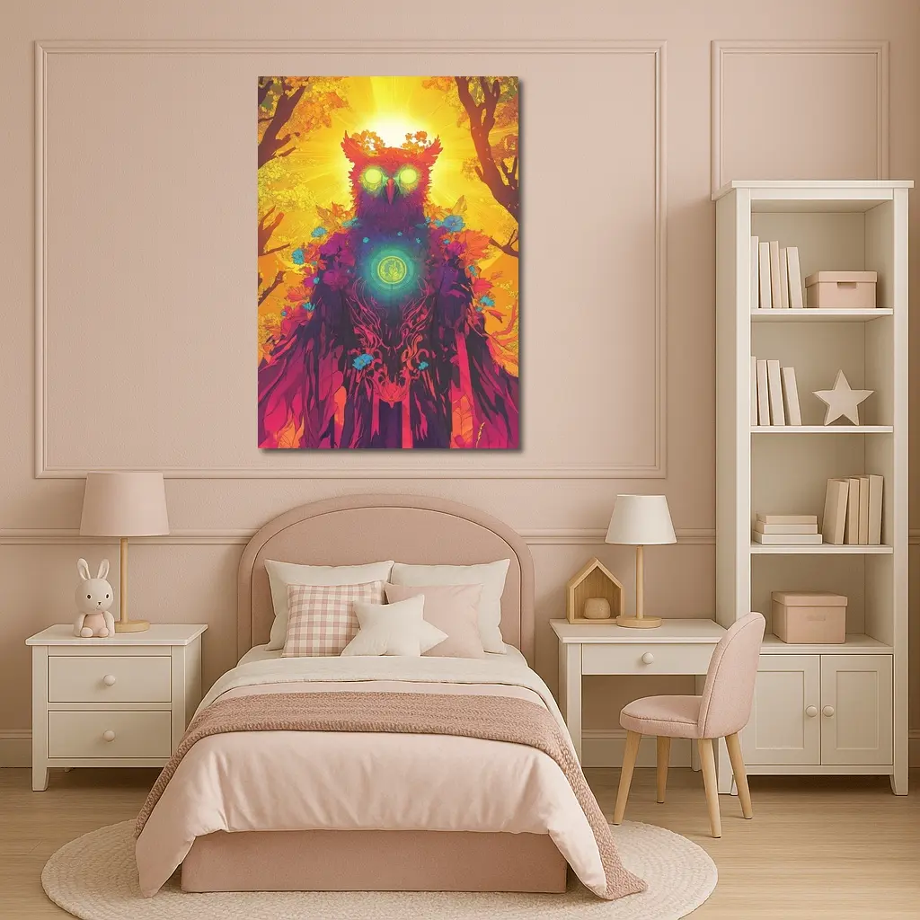 Mystical Owl Glowing Eyes Forest Sun – Wall Art