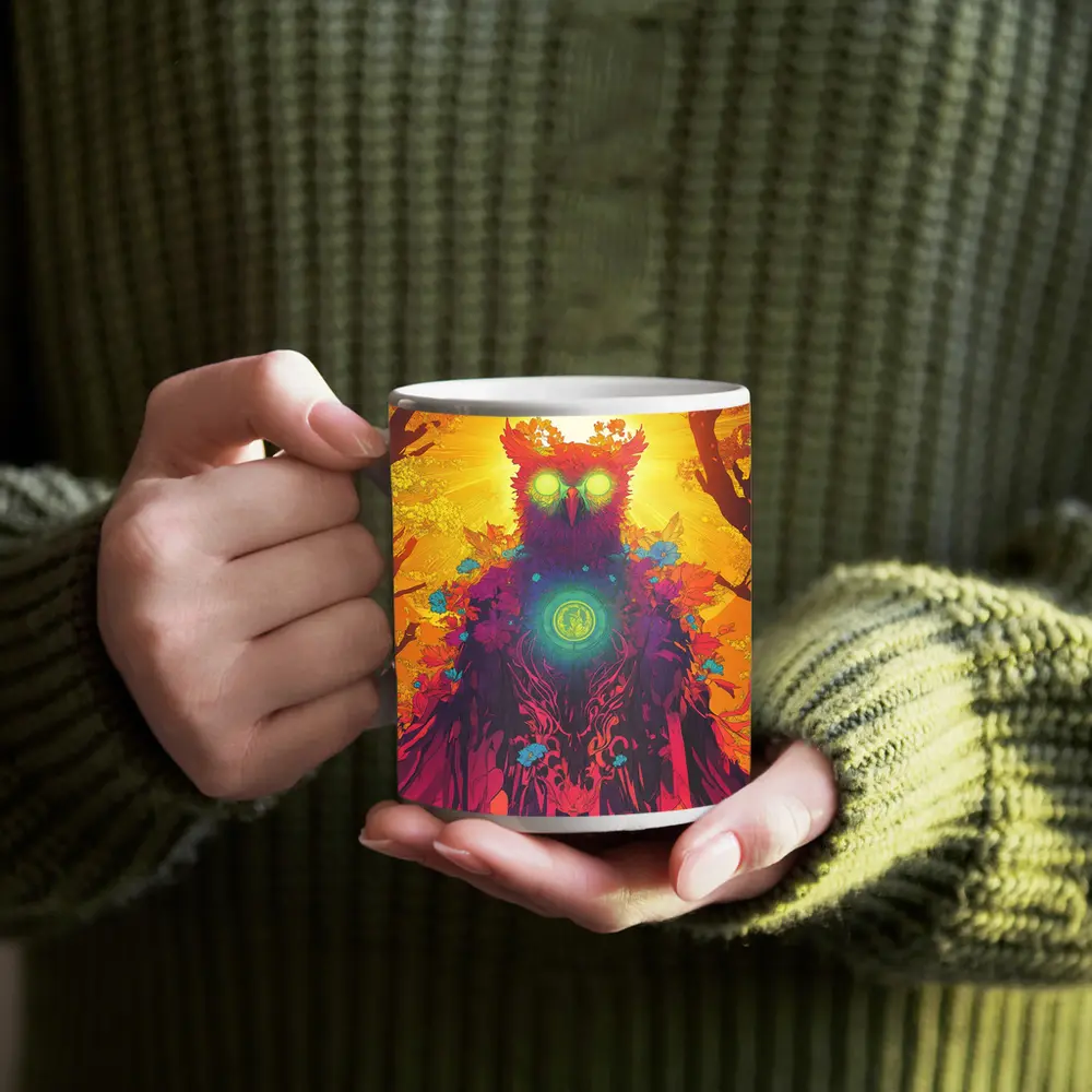 Mystical Owl Glowing Eyes Forest Sun – Mugs
