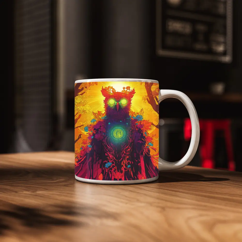 Mystical Owl Glowing Eyes Forest Sun – Mugs