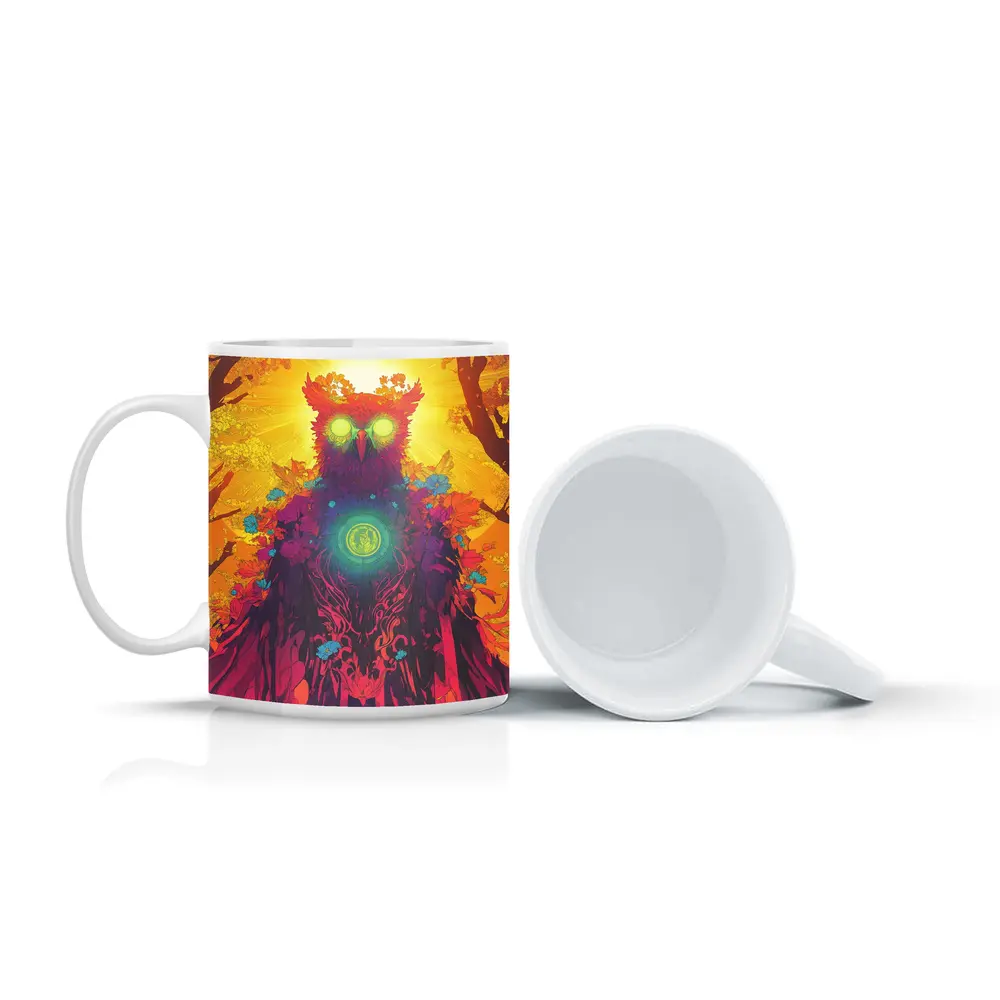 Mystical Owl Glowing Eyes Forest Sun – Mugs