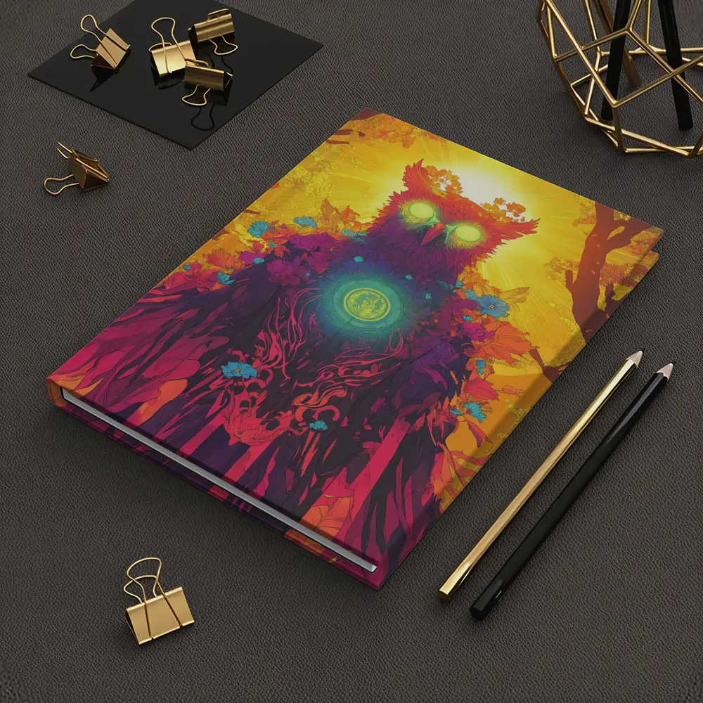 Mystical Owl Glowing Eyes Forest Sun – Notebooks
