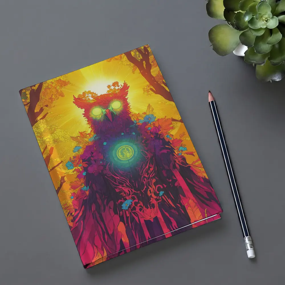 Mystical Owl Glowing Eyes Forest Sun – Notebooks