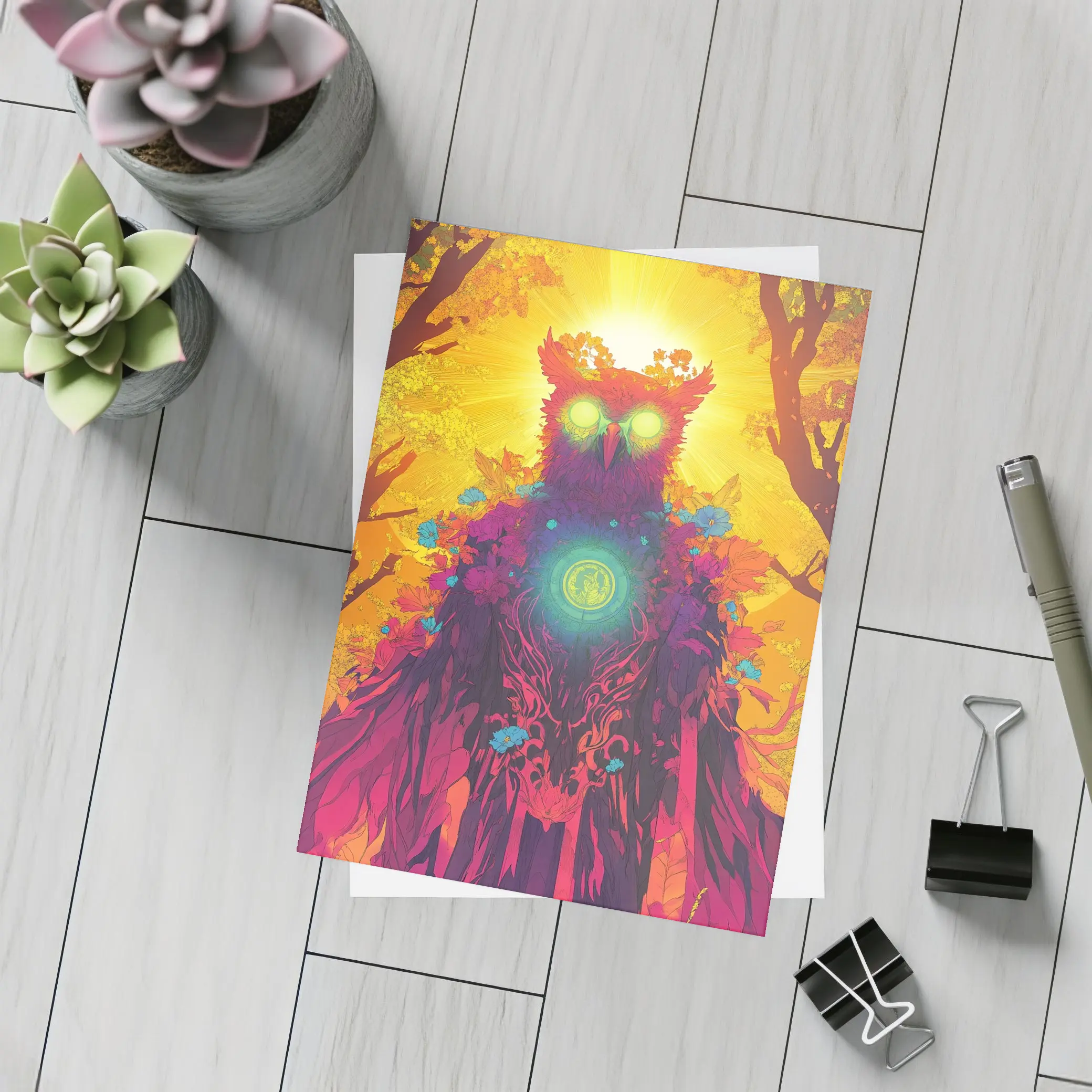 Mystical Owl Glowing Eyes Forest Sun – Postcards