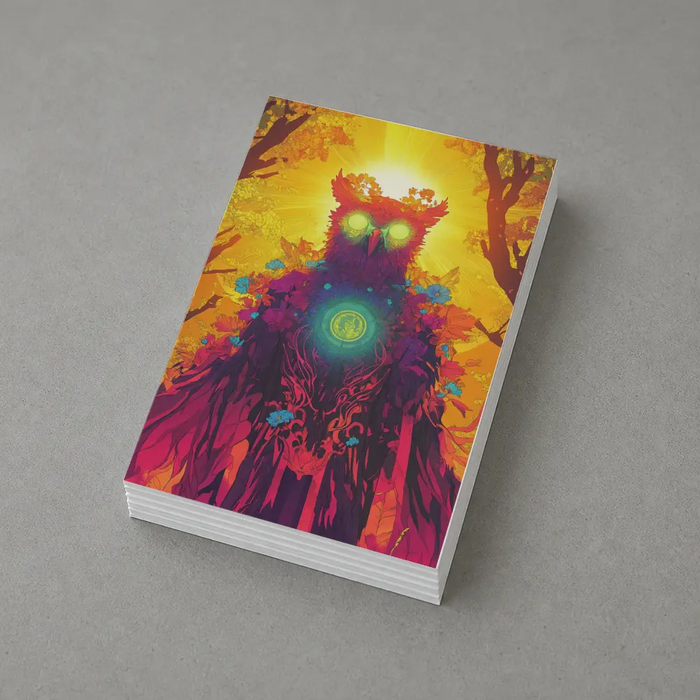 Mystical Owl Glowing Eyes Forest Sun – Postcards