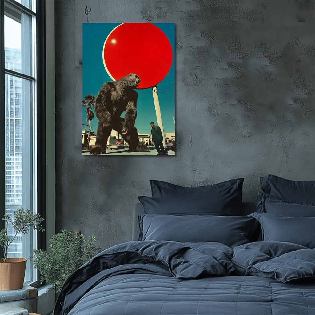 Giant Gorilla Red Sun Urban Street Scene – Wall Art
