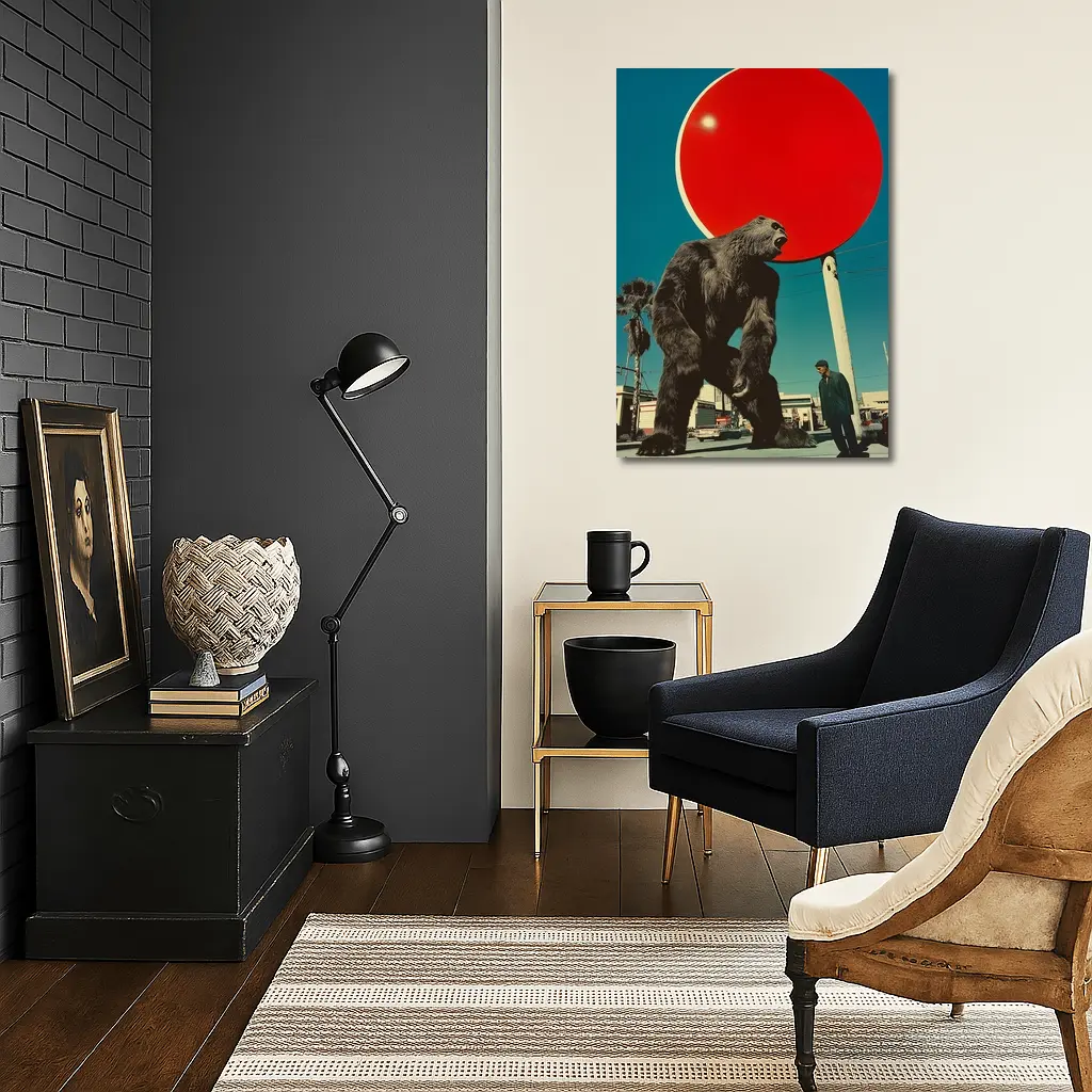 Giant Gorilla Red Sun Urban Street Scene – Wall Art