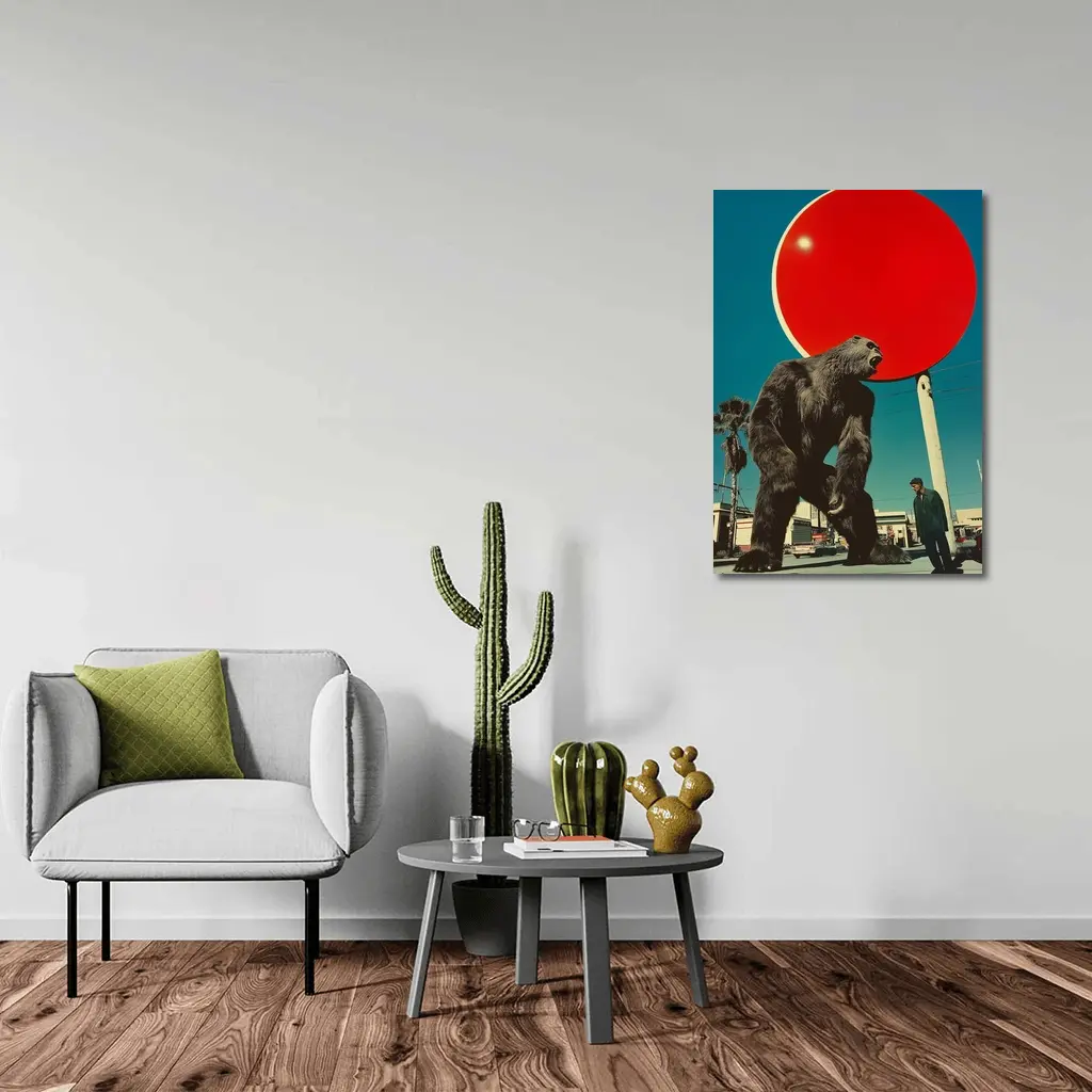 Giant Gorilla Red Sun Urban Street Scene – Wall Art