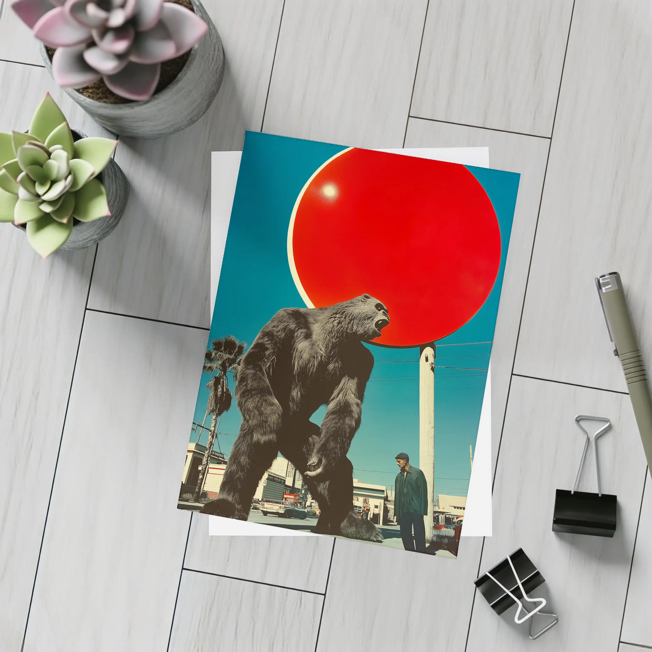 Giant Gorilla Red Sun Urban Street Scene – Postcards
