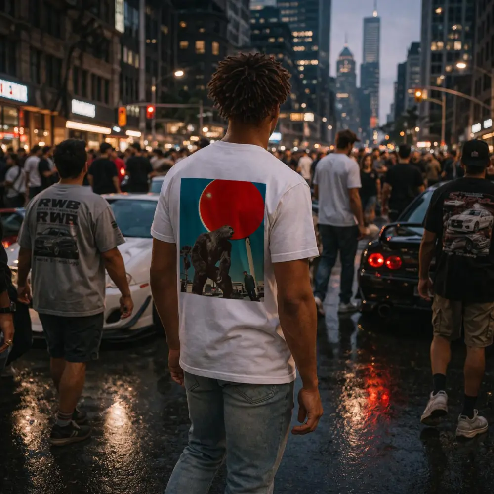 Giant Gorilla Red Sun Urban Street Scene – T-Shirts