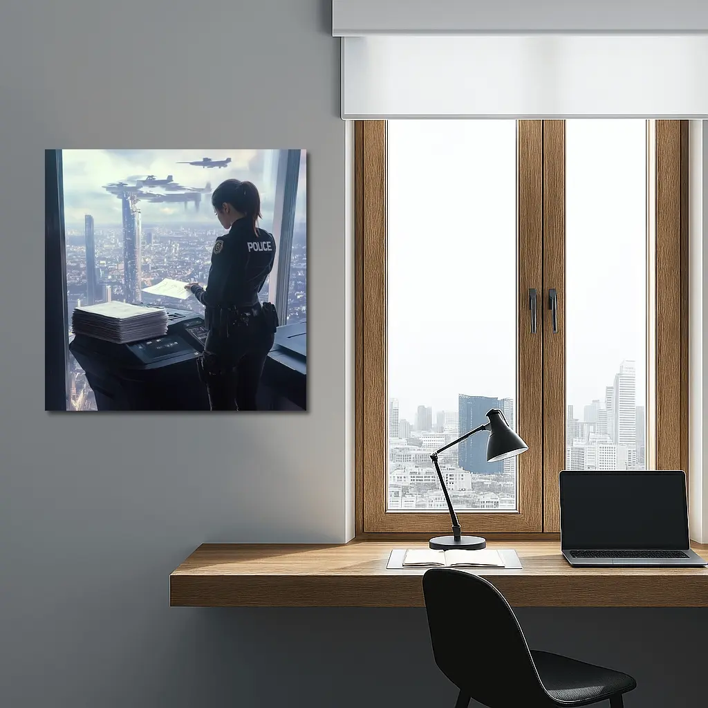 Futuristic Police Officer Overlooking Cyberpunk City – Wall Art