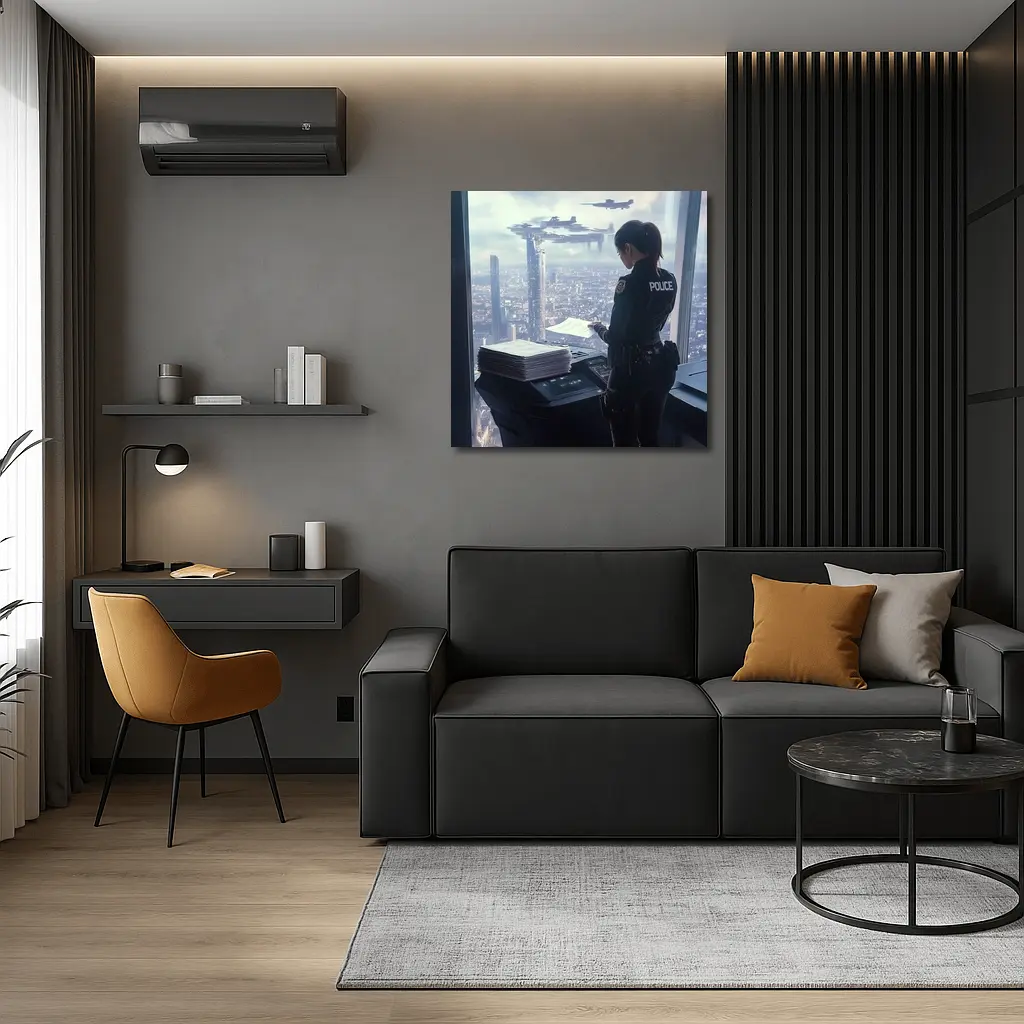 Futuristic Police Officer Overlooking Cyberpunk City – Wall Art