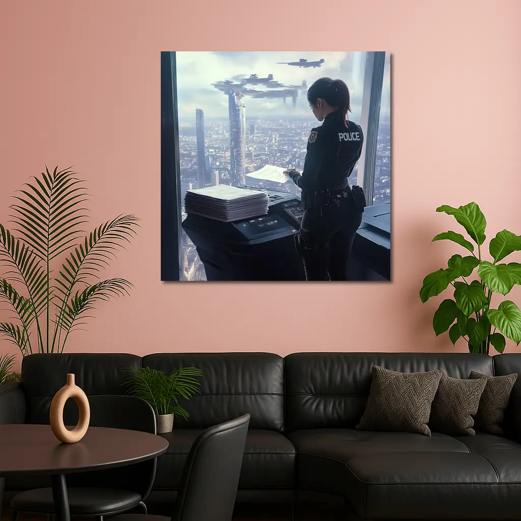 Futuristic Police Officer Overlooking Cyberpunk City – Wall Art