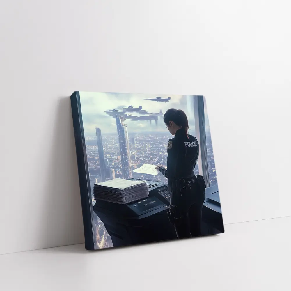 Futuristic Police Officer Overlooking Cyberpunk City – Wall Art