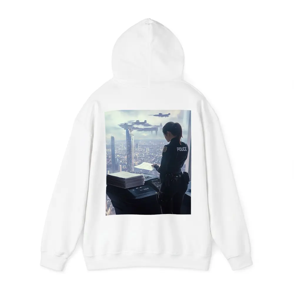 Futuristic Police Officer Overlooking Cyberpunk City – Hoodies