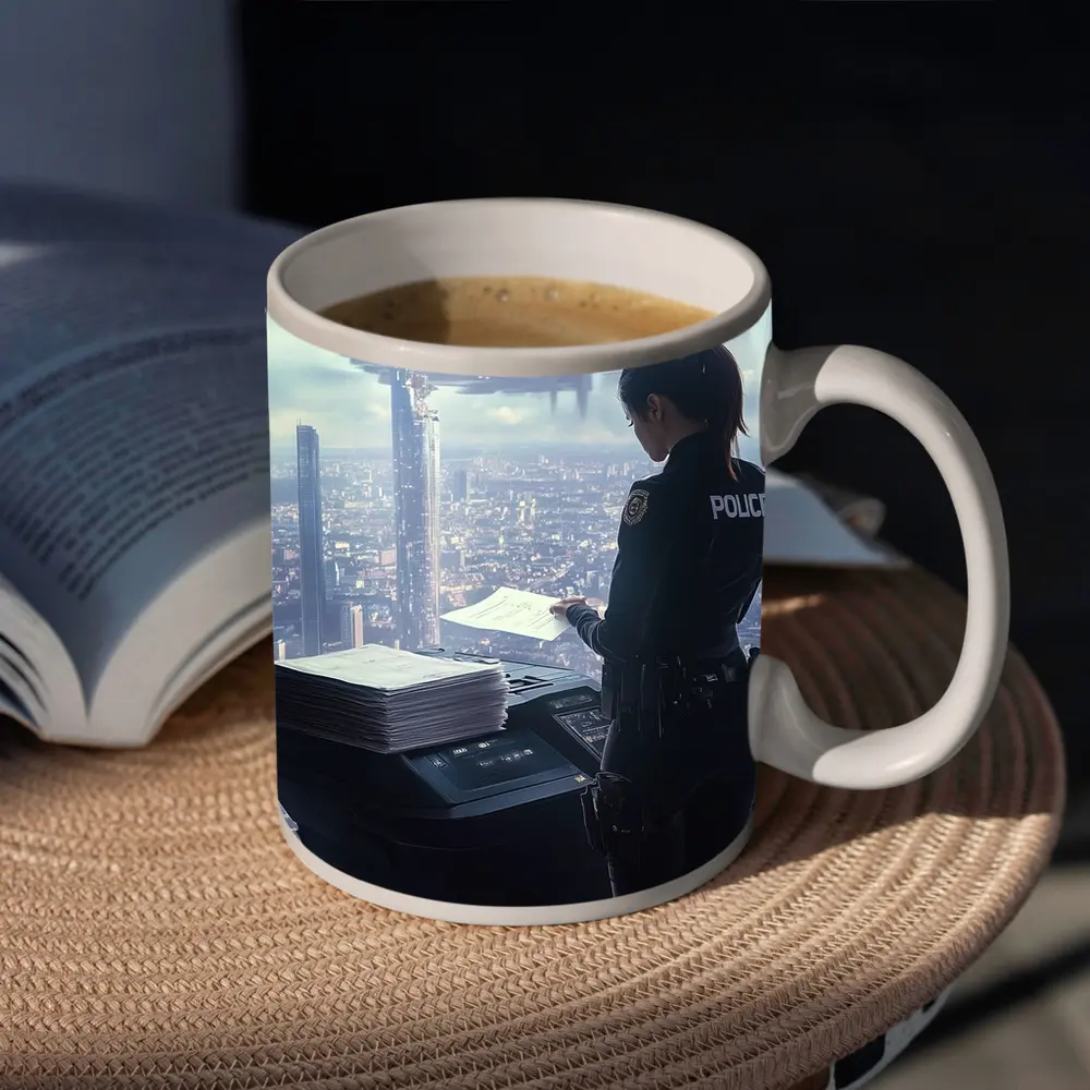 Futuristic Police Officer Overlooking Cyberpunk City – Mugs