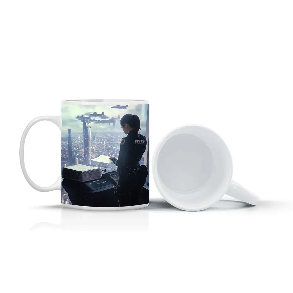 Futuristic Police Officer Overlooking Cyberpunk City – Mugs