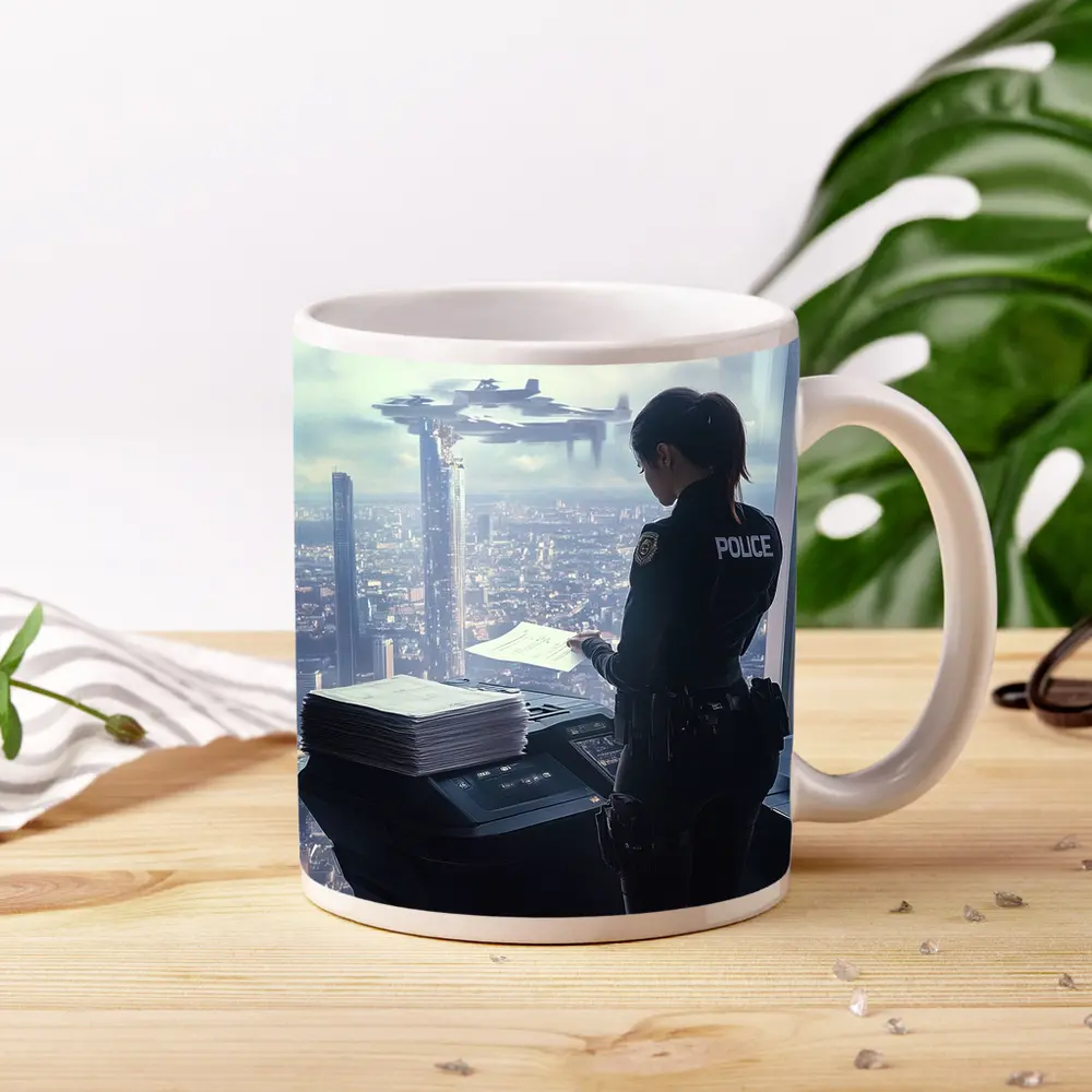 Futuristic Police Officer Overlooking Cyberpunk City – Mugs