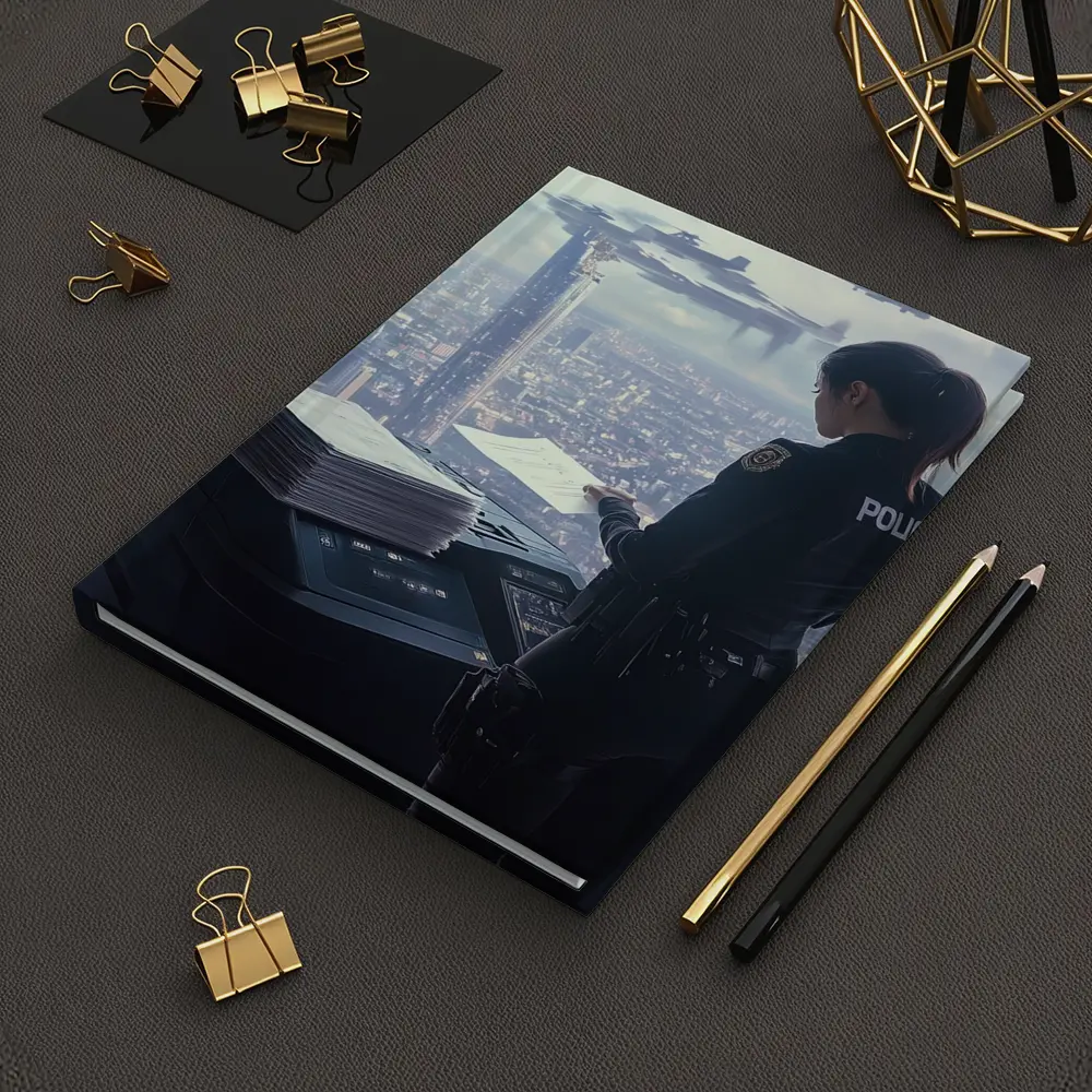 Futuristic Police Officer Overlooking Cyberpunk City – Notebooks