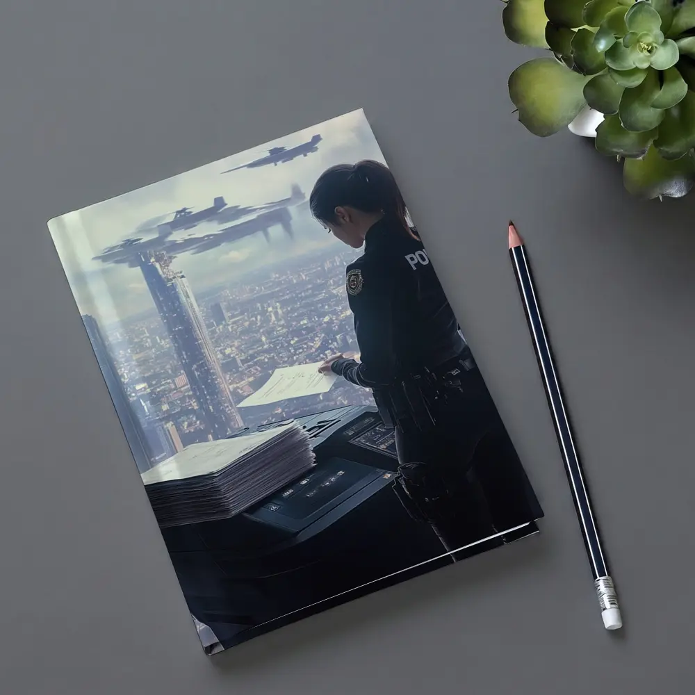 Futuristic Police Officer Overlooking Cyberpunk City – Notebooks