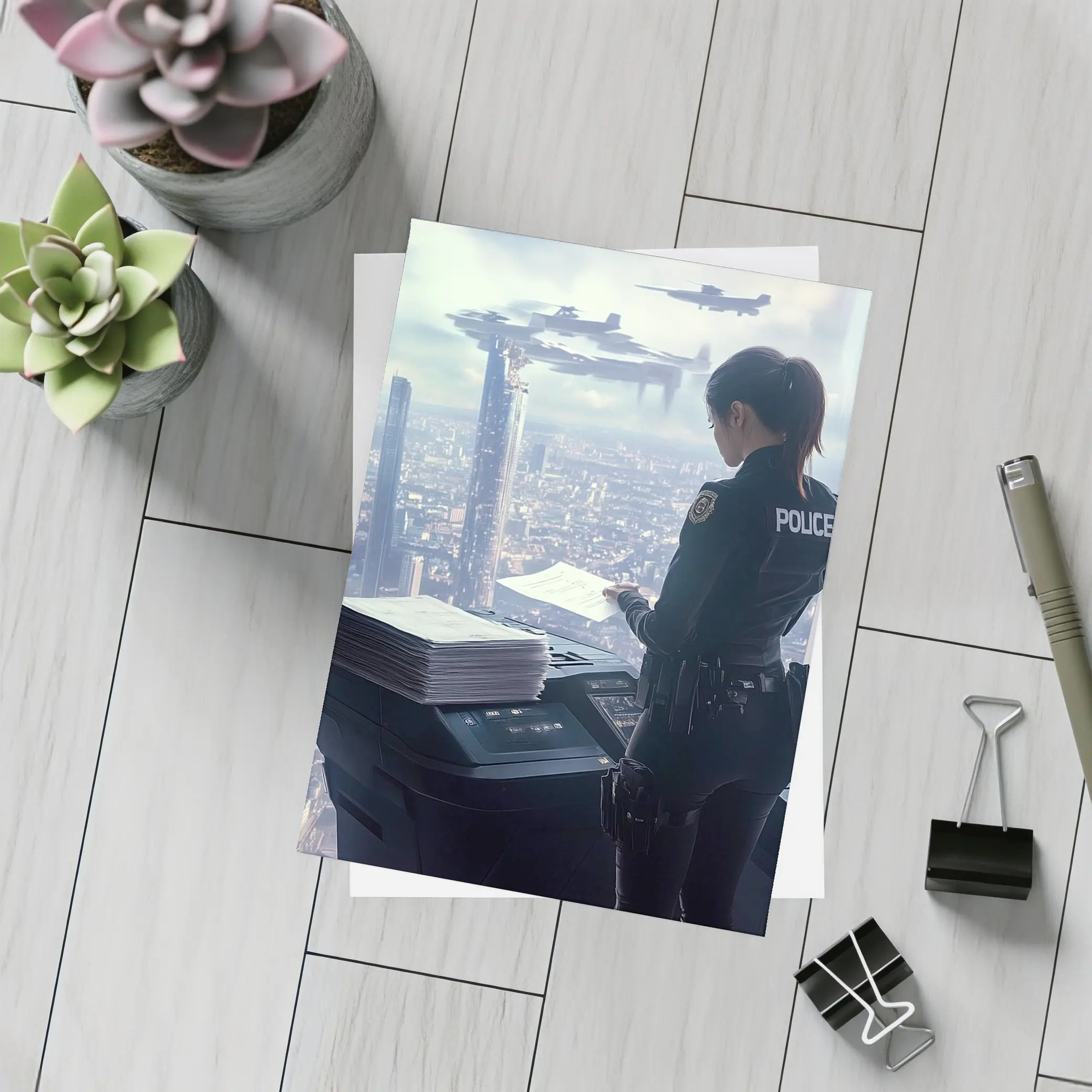 Futuristic Police Officer Overlooking Cyberpunk City – Postcards
