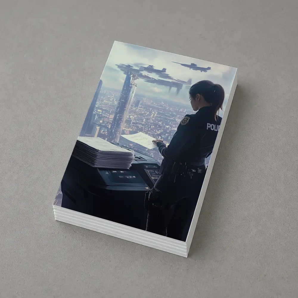 Futuristic Police Officer Overlooking Cyberpunk City – Postcards
