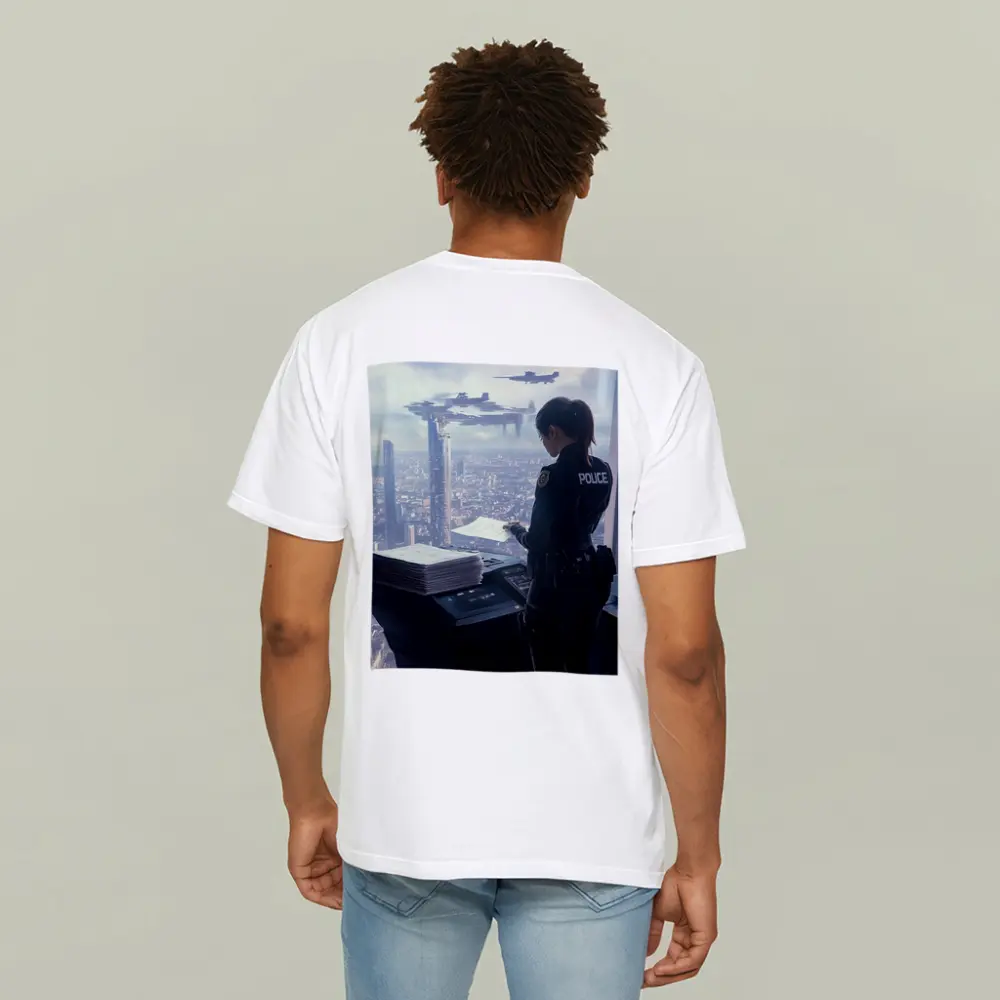 Futuristic Police Officer Overlooking Cyberpunk City – T-Shirts