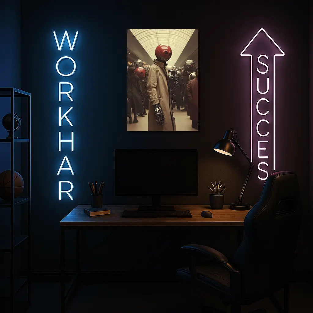 Robot Figure Trench Coat Crowded Futuristic Hall – Wall Art