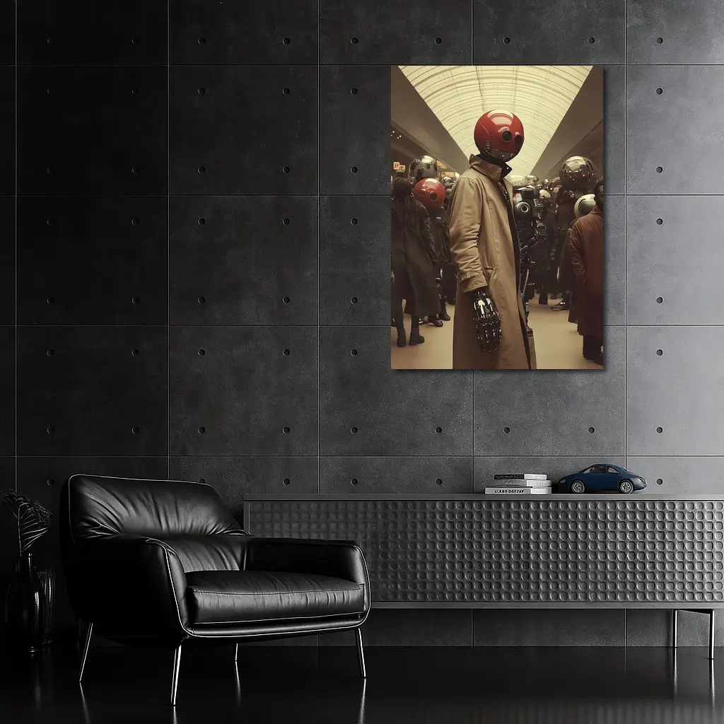 Robot Figure Trench Coat Crowded Futuristic Hall – Wall Art