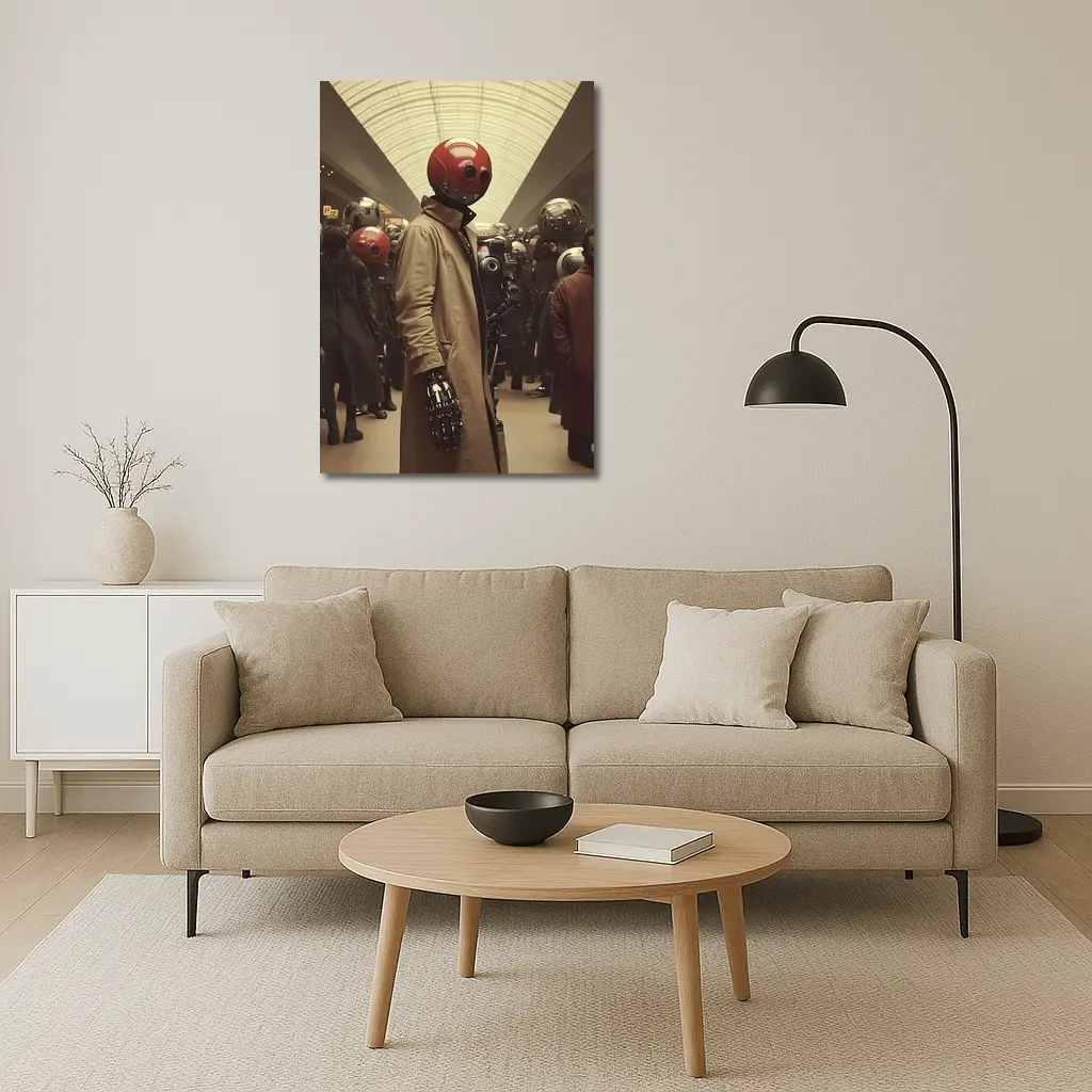 Robot Figure Trench Coat Crowded Futuristic Hall – Wall Art