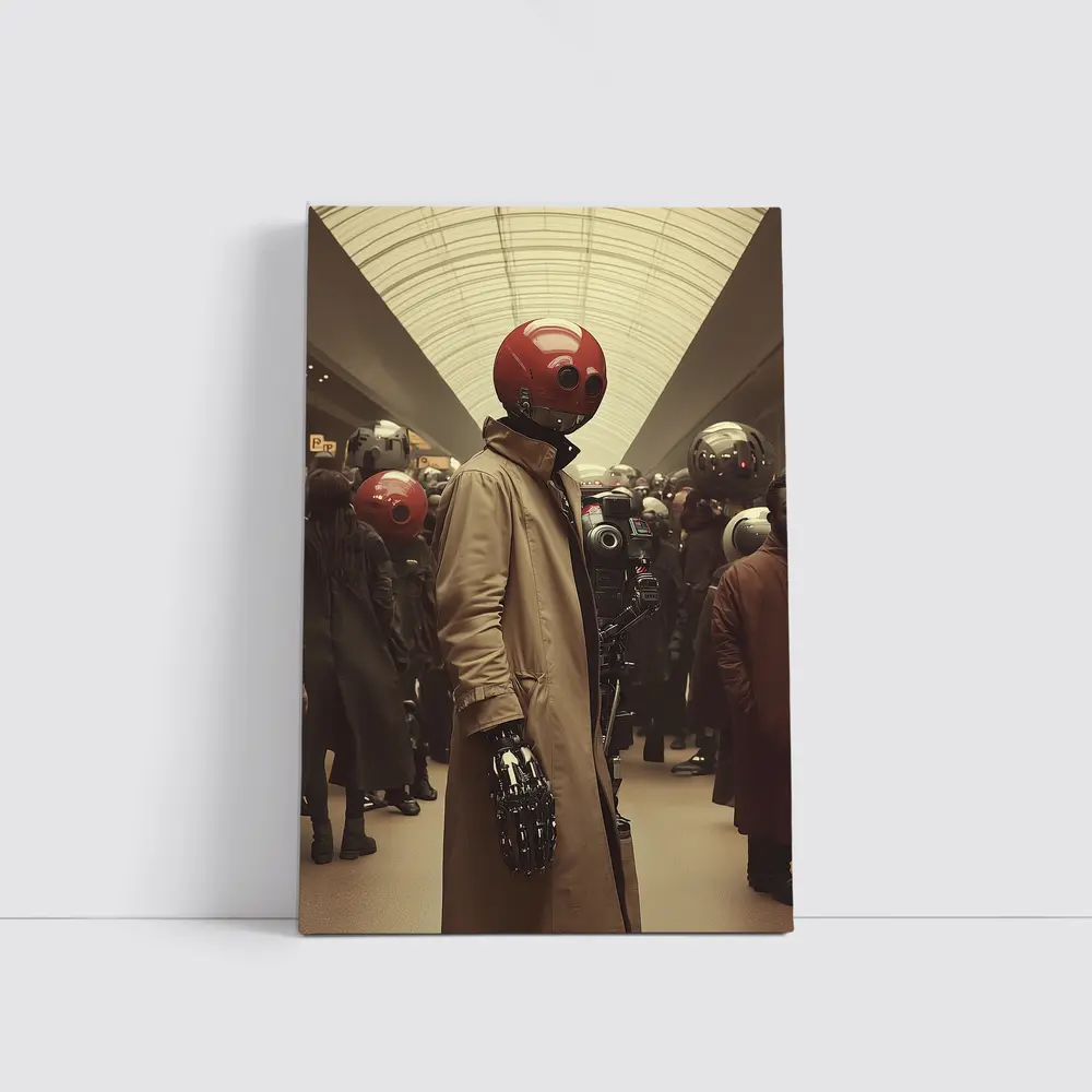 Robot Figure Trench Coat Crowded Futuristic Hall – Wall Art