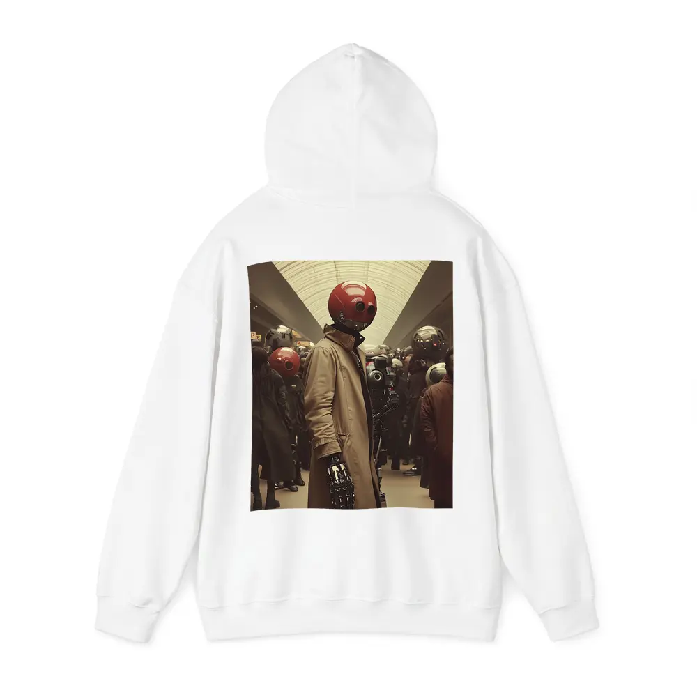 Robot Figure Trench Coat Crowded Futuristic Hall – Hoodies