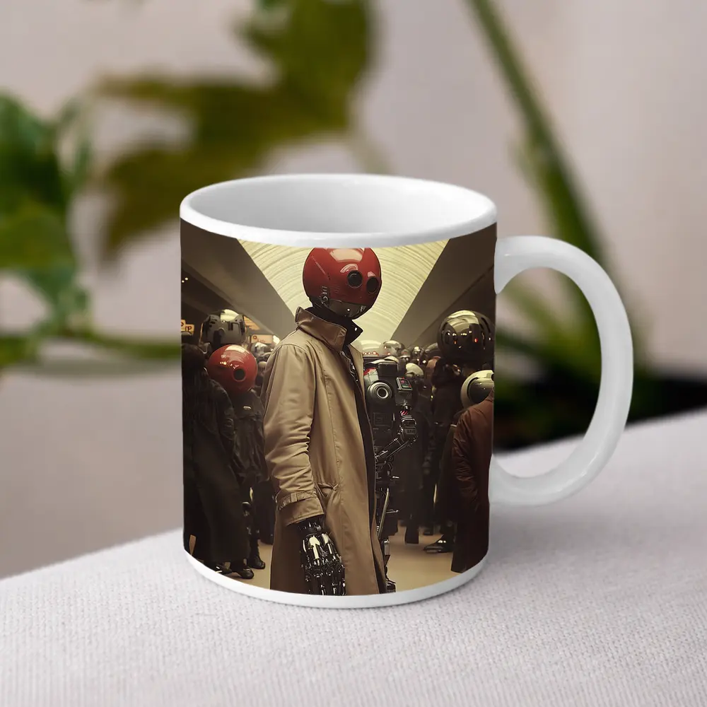 Robot Figure Trench Coat Crowded Futuristic Hall – Mugs