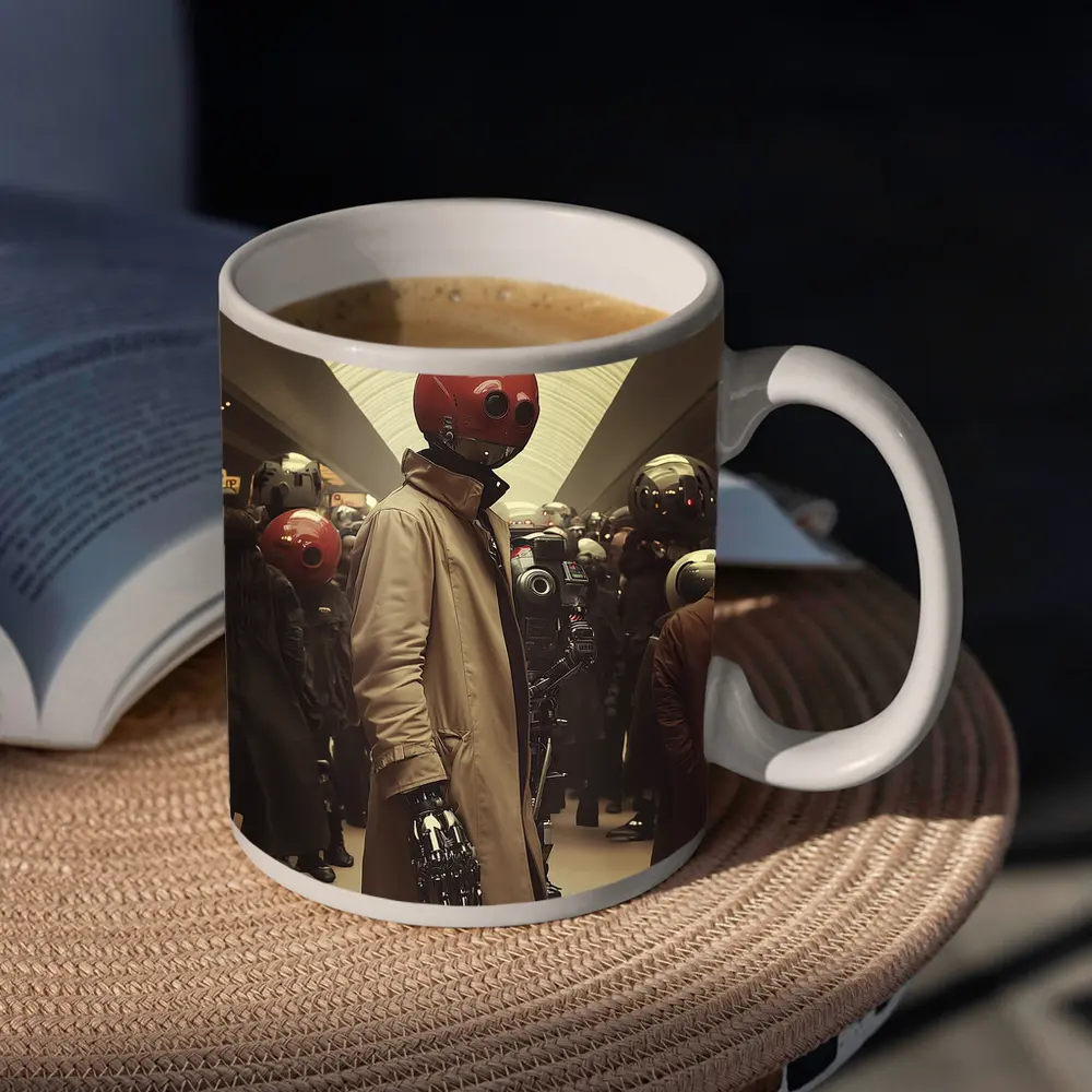 Robot Figure Trench Coat Crowded Futuristic Hall – Mugs