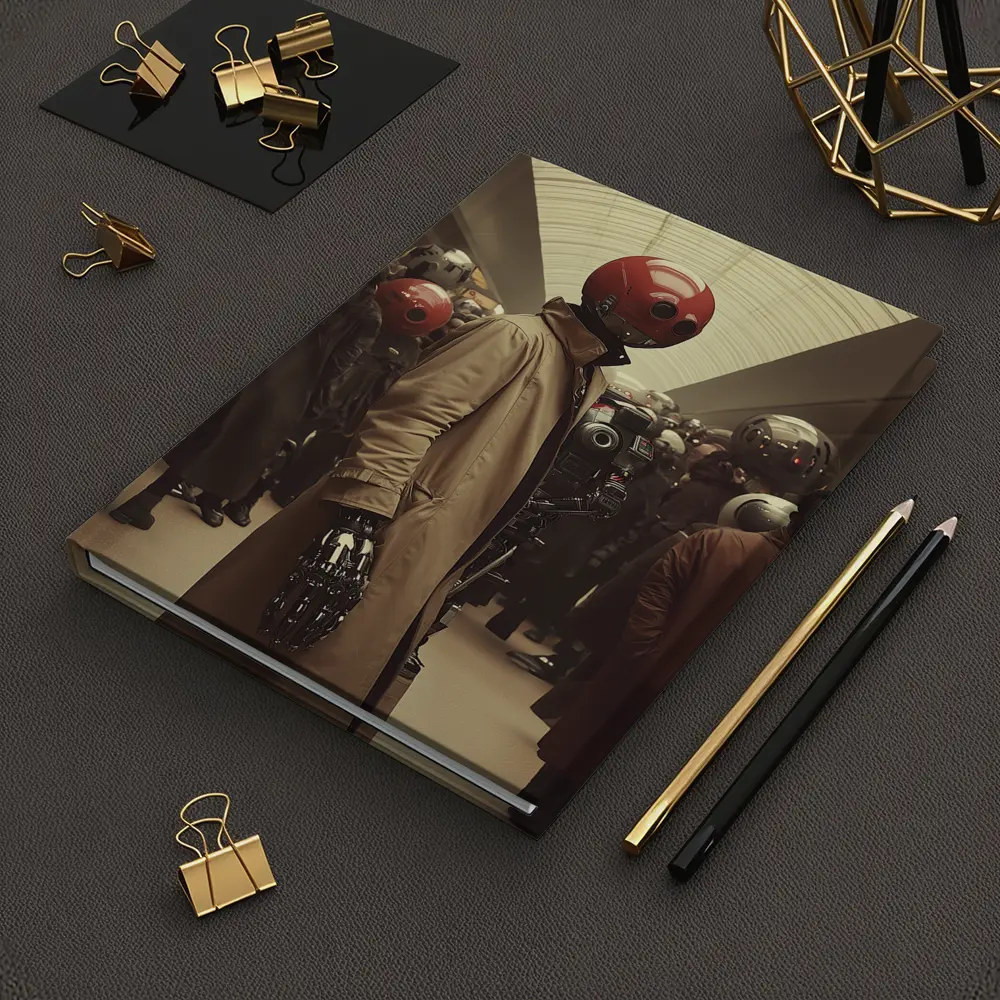 Robot Figure Trench Coat Crowded Futuristic Hall – Notebooks