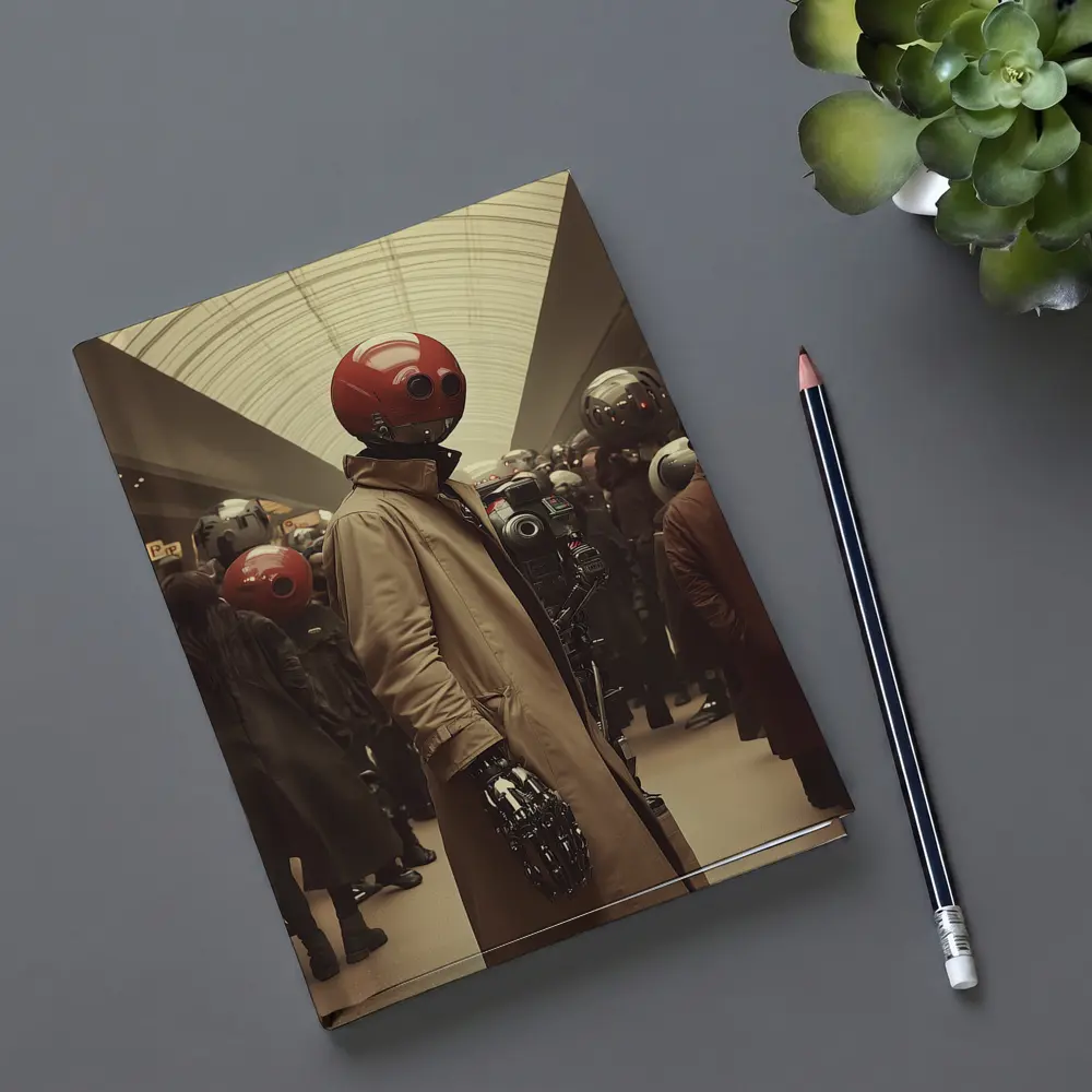 Robot Figure Trench Coat Crowded Futuristic Hall – Notebooks