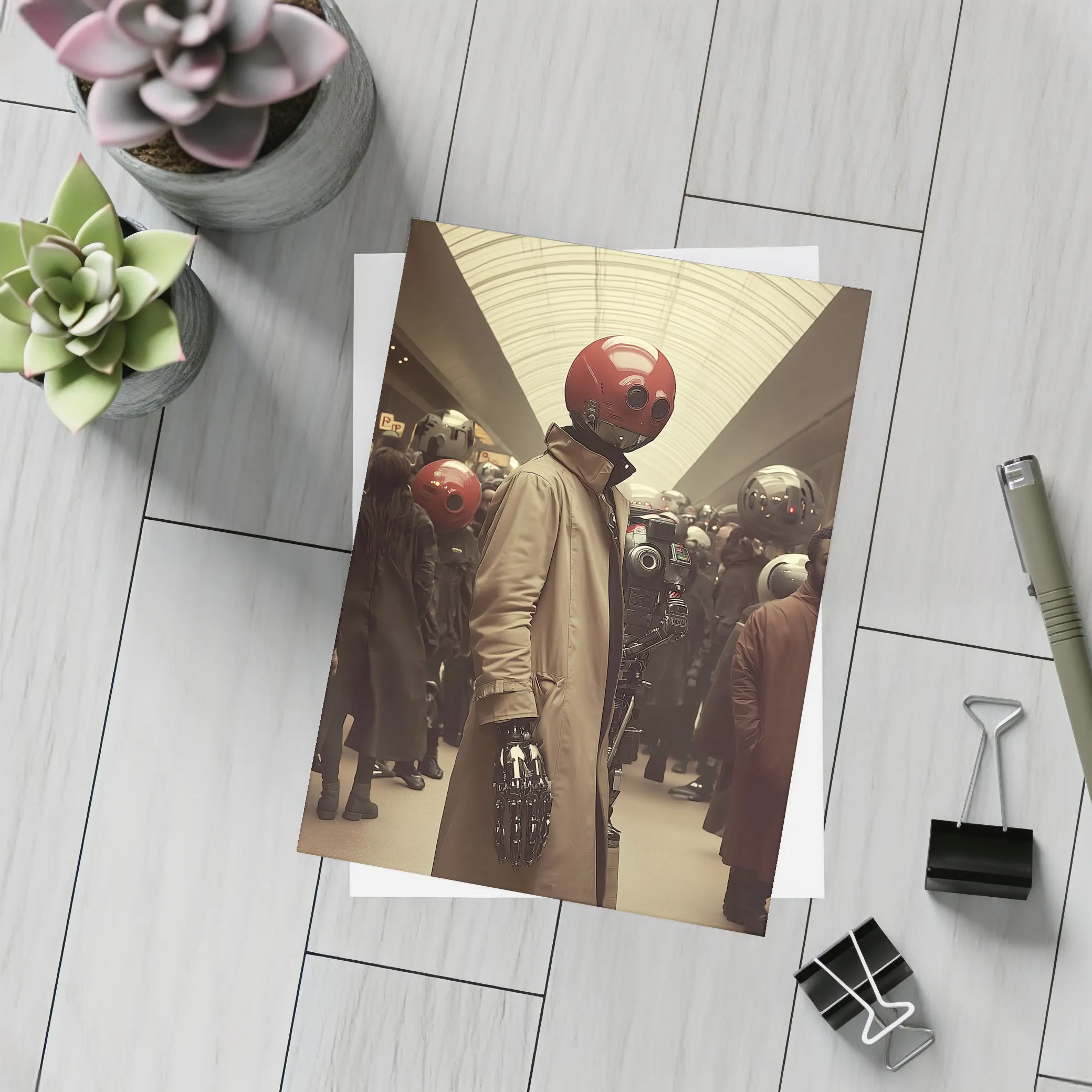Robot Figure Trench Coat Crowded Futuristic Hall – Postcards