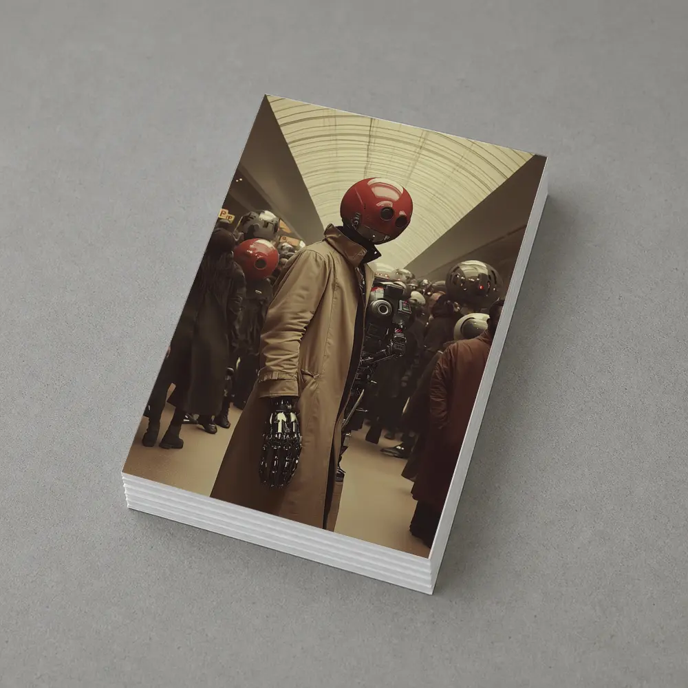 Robot Figure Trench Coat Crowded Futuristic Hall – Postcards