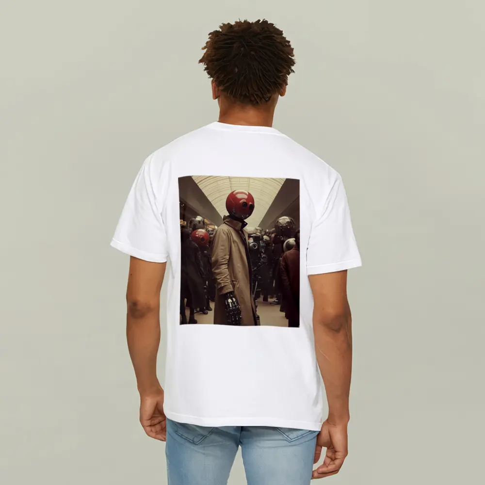 Robot Figure Trench Coat Crowded Futuristic Hall – T-Shirts