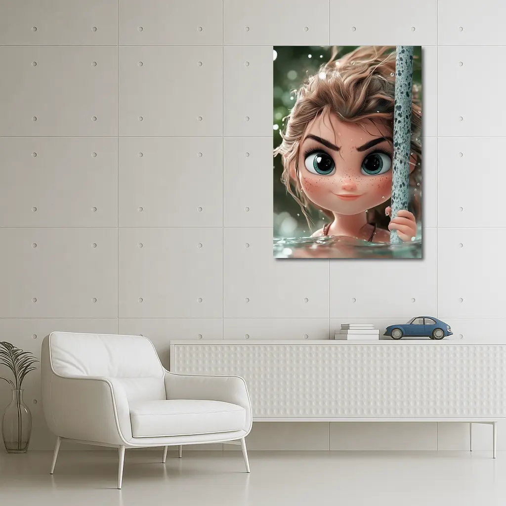 Cartoon Girl Swimming in Green Water – Wall Art